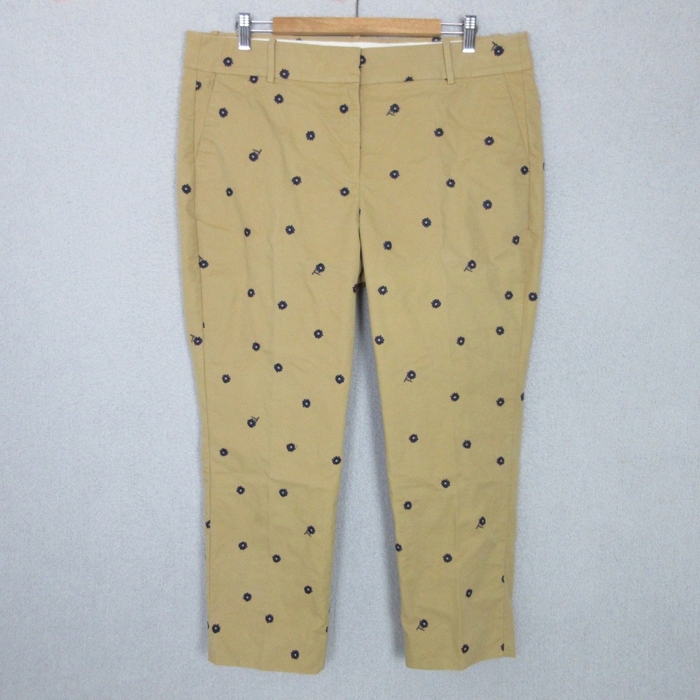 J.Crew Martie Pants 16 Khaki Tan Navy Blue Embroidered Floral Slim Cropped Chino